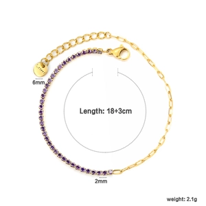 Goldenes Edelstahl-Armband mit lila Zirkonia-Tennis-Kette und Karabinerverschluss für Damen