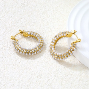 18k gold plated stainless steel hoop earrings with white pearls and sparkling zirconia
