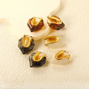 Retro Irregular Resin Hoop Earrings For Women French Style Marble Texture Stainless Steel 18K Gold Plated Ear Buckles
