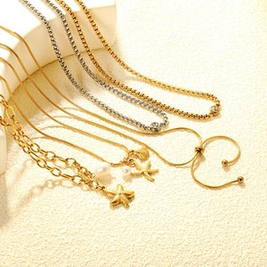 Stainless Steel Necklace Gold Plated Starfish Shell Artificial Pearl Zircon Pendant Snake Box Chain Adjustable Jewelry Women
