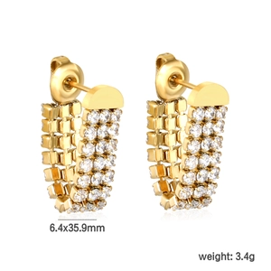 Golden U-shaped earrings with micro-inlaid diamonds measuring 6.4x35.9mm and weighing 3.4g
