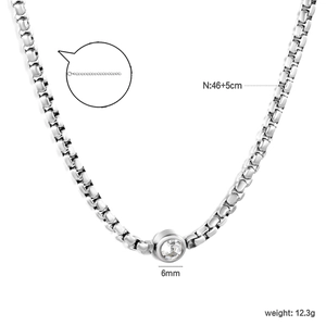 Elegant stainless steel box chain necklace with a 6mm round cubic zirconia pendant