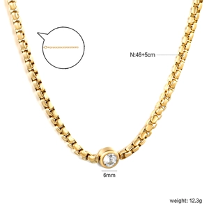 Gold stainless steel box chain necklace featuring a 6mm clear round zircon pendant