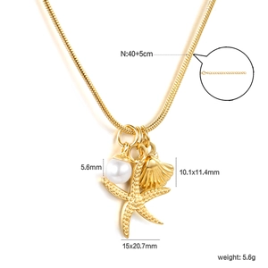18k gold plated stainless steel necklace with starfish, shell, and pearl pendants