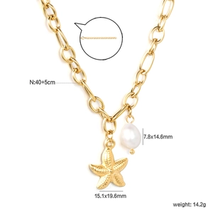 Detail of 18K gold starfish and pearl pendant with necklace length specifications