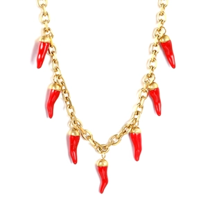 18K gold plated stainless steel chain necklace with seven red chili pepper pendants