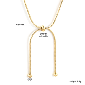 Detail of adjustable slider clasp and polished 18K gold snake chain with bead ends