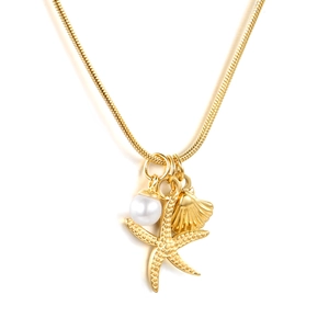 18K gold plated starfish shell and pearl pendant on a sleek snake chain necklace