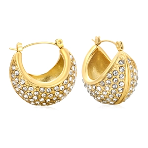 Luxury gold C-shaped hoop earrings with sparkling white crystals in a minimalist style