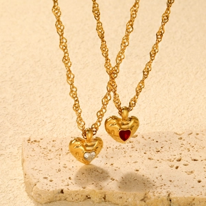 18K gold plated heart pendant necklace set with red and white gemstones on wavy chains