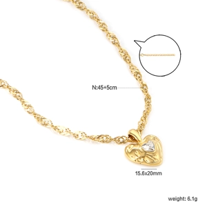 Lava heart necklace in gold finish with sparkling white zircon stone and twisted chain