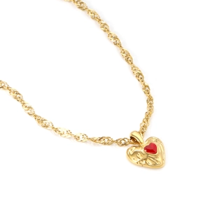 Gold 18k stainless steel lava heart necklace with red zircon and hammered texture