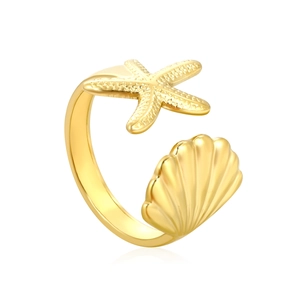 Verstellbarer Ring aus Edelstahl in Gold mit Seestern und Muschel im Meeresdesign