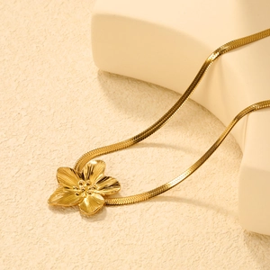 18K gold plated flower pendant necklace with herringbone chain for women