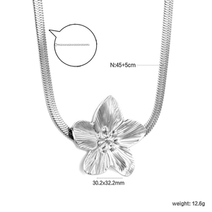 Detail of silver petal pendant necklace with snake chain and sizing dimensions