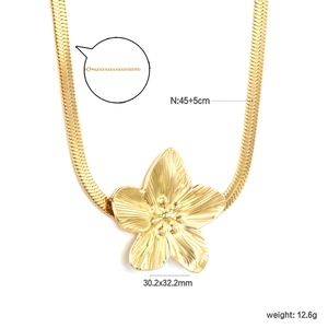 Gold petal pendant necklace with herringbone chain and dimensions measurement