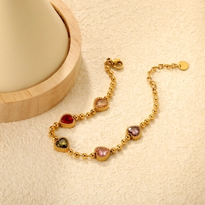 Colorful heart zircon 18k gold plated stainless steel bead bracelet with lobster clasp