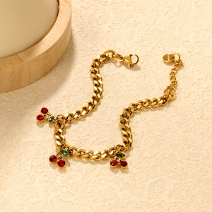 18k gold plated stainless steel cherry bracelet with red and green zircon crystals