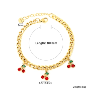 18k gold plated stainless steel cherry bracelet with crystal charms and 6mm chain
