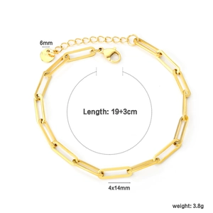 Golden stainless steel paperclip chain bracelet for women with adjustable 19+3cm length