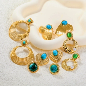 Boucles D'oreilles Bohèmes Vintage Acier Inoxydable Plaqué Or 18K Avec Turquoise Malachite Coeur Soleil Pour Femmes