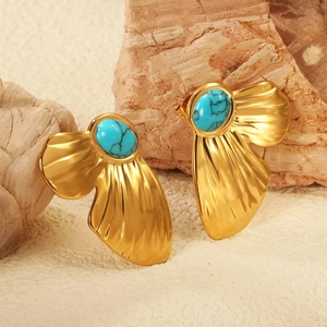 Boucles d'oreilles bohèmes en acier inoxydable doré avec incrustation turquoise ovale