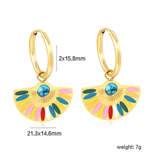Boucles d'oreilles créoles bohèmes en acier plaqué or 18K avec turquoise et émail en éventail