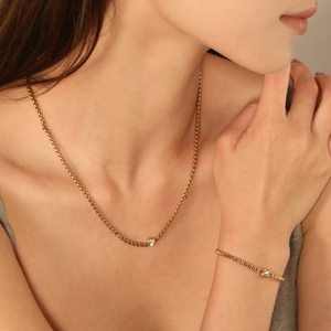 Collier Bracelet Acier Inoxydable Plaque Or 18K Zircon Rond Sertissage Clos Chaîne Maille Hip Hop Bijoux Femmes Hommes