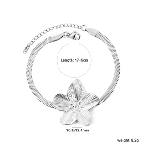 Detailed silver flower pendant on flat snake chain with dimensions 30.2x32.4mm