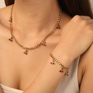 Cherry Pendant Necklace And Bracelet Stainless Steel Gold Plated Rhinestone Jewelry Fashion Women Accessories