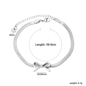 Detailed view of silver bow herringbone bracelet with lobster clasp and sizing specs