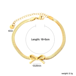 Gold stainless steel 6mm snake chain bracelet with polished bow pendant detail