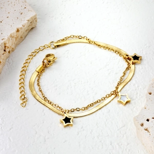 Luxury gold double-layered star necklace with flat snake chain and five-point pendants