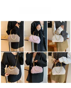 Plush lamb wool handbag with bamboo handle and dual pearl chain detail, multi-color view