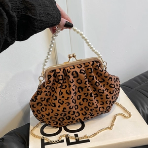 Vintage Leopard Print Fabric Crossbody Bag With Artificial Pearl Handle And Metal Chain Pleated Retro Elegant Purse Women