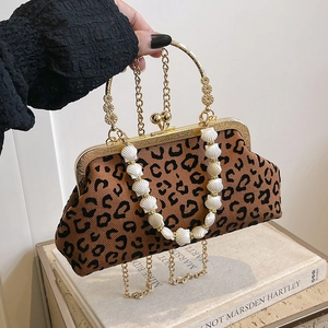 Retro Leopard Print Crossbody Bag Shell Shape Beaded Handle Metal Ring Handle Gold Chain Strap Vintage Clasp Handbag Women