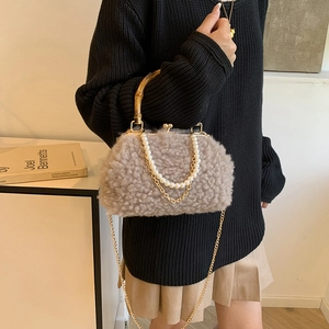 Faux shearling shell bag with bamboo handle and pearl chain strap for women