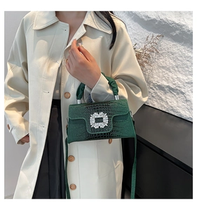 Detail of dark green crocodile pattern bag with luxury rhinestone buckle on model