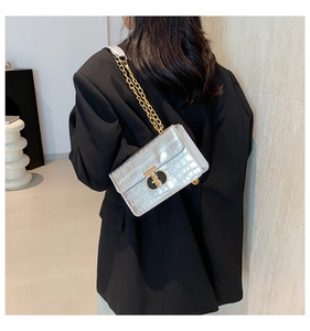 Detail shot of the glossy crocodile pattern on the silver chain bag for women