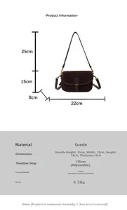 Detaillierte Größentabelle für die Vintage-Satteltasche aus Wildleder mit Abmessungen