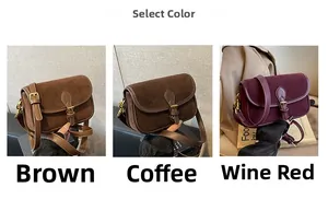 Detaillierter Vergleich von braunen, kaffee- und weinroten Retro-Satteltaschen mit Schnallen