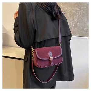 Detail view of burgundy suede crossbody bag with gold hardware worn on model shoulder