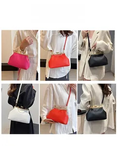 Collage showing woven PU leather handbags in multiple colors with metal chain straps