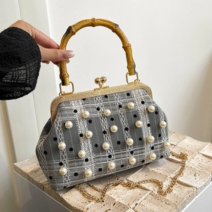 Retro Crossbody Bag Women Artificial Pearl Plaid Fabric Bamboo Handle Metal Clasp Fashionable Handbag With Chain Strap