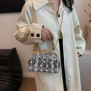 Chic grey plaid handbag with bamboo handle, pearl accents, and gold chain strap