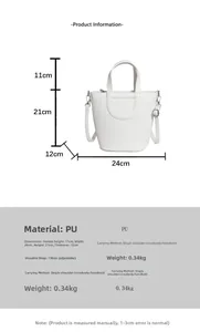 Detailed size chart for the white lychee grain bucket bag showing exact dimensions and features