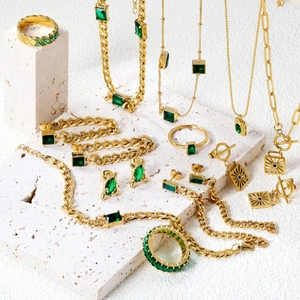 Gold Plated Stainless Steel Jewelry Green Zircon Geometric Earrings Necklace Ring Bracelet Vintage Luxury For Women