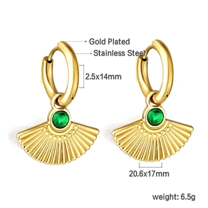 Gold-plated stainless steel fan earrings with green gemstones in a geometric luxury style