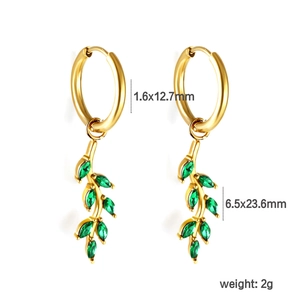 Gold stainless steel hoop earrings featuring vintage green zircon leaf-shaped pendants