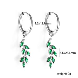 Detail view of silver earrings with green leaf pendants and precise size measurements